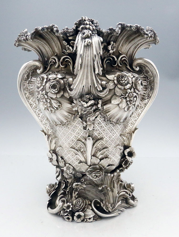 side view showing handles of Benjamin Smith II antique silver wine cooler